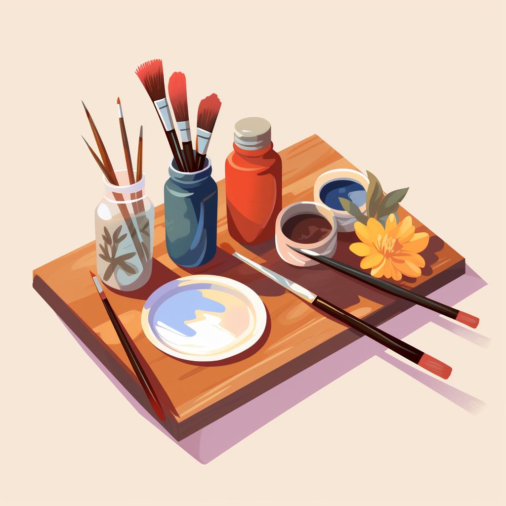 A table with a mini canvas, brushes, and paints laid out.
