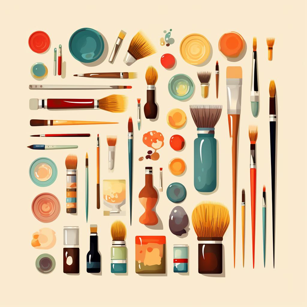 A variety of miniature painting supplies sorted into distinct groups