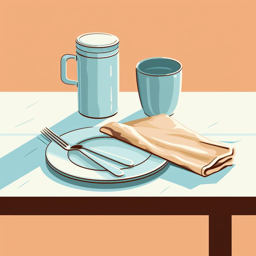 A table setup with brush cleaner, a cup of water, a cloth, and a brush preserver.