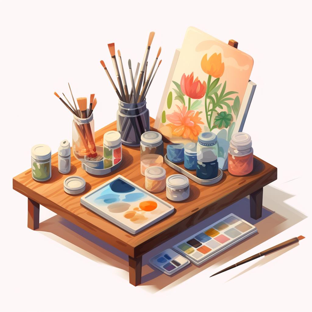 A well-organized painting workspace with mini canvas, watercolor palette, brushes, and water containers