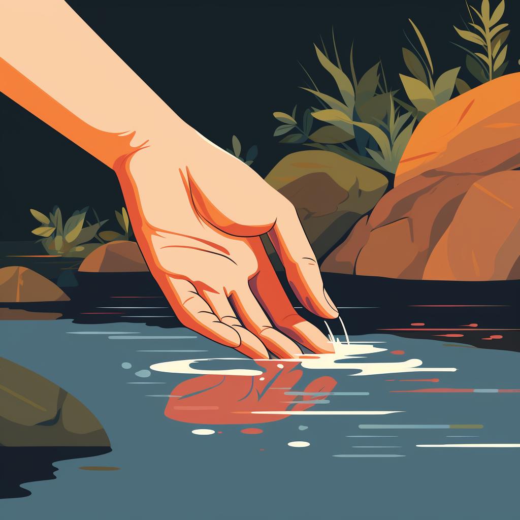A hand rinsing a brush under a stream of lukewarm water.