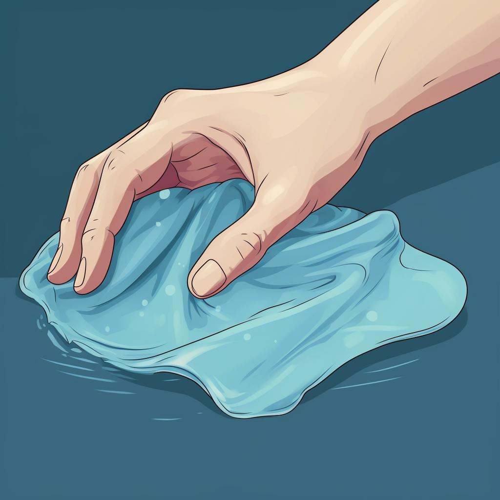 A hand gently squeezing out water from a brush using a cloth.