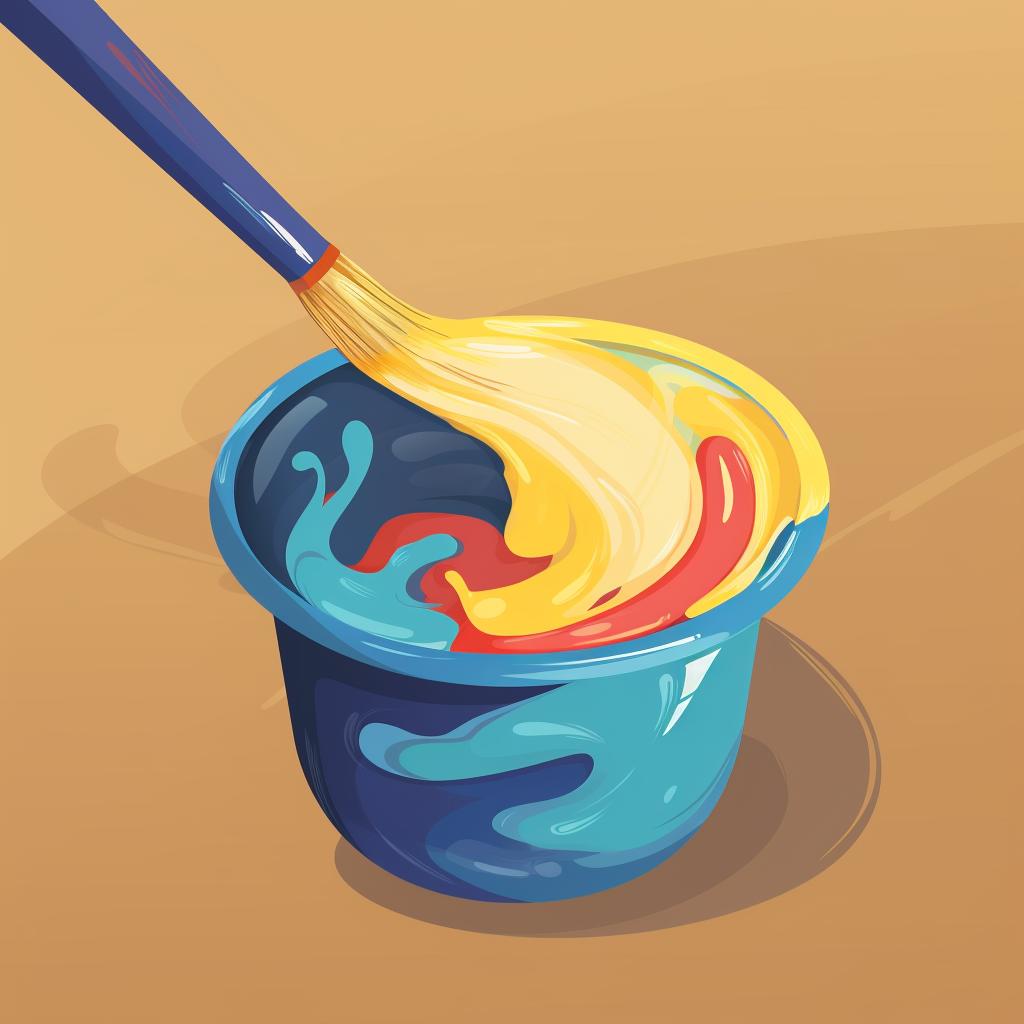 A brush being dipped into a pot of paint.