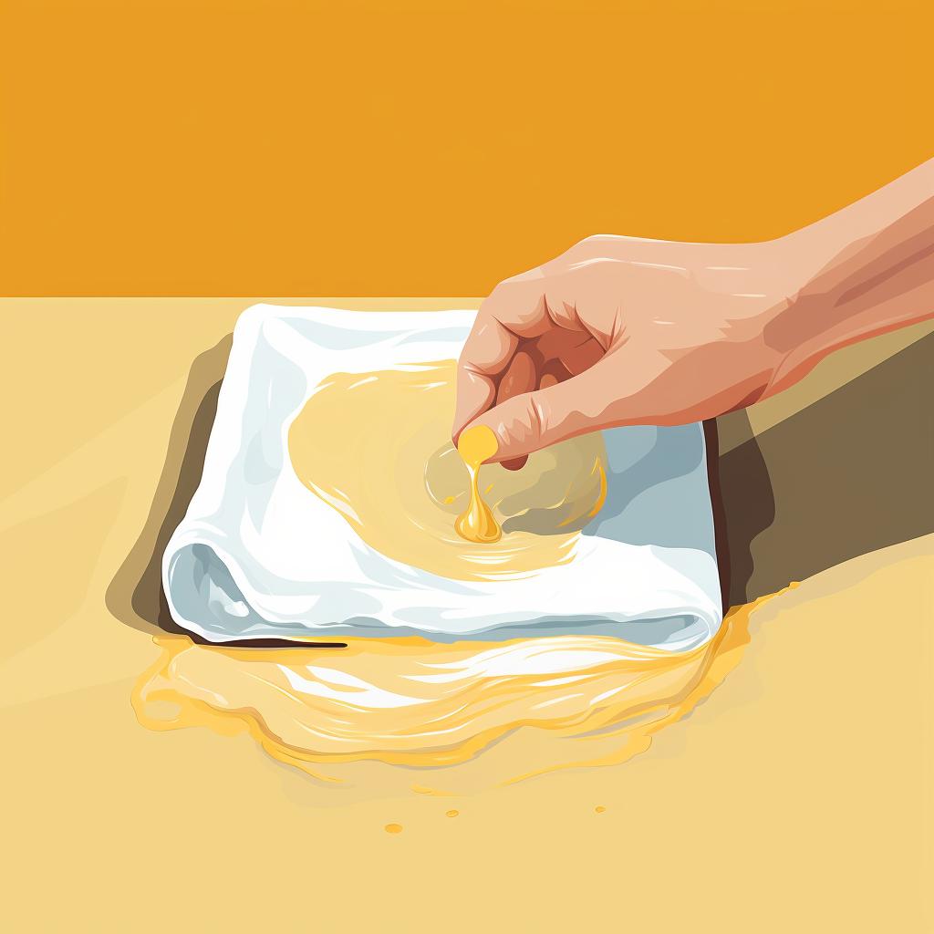 A paint-loaded brush being wiped on a paper towel.