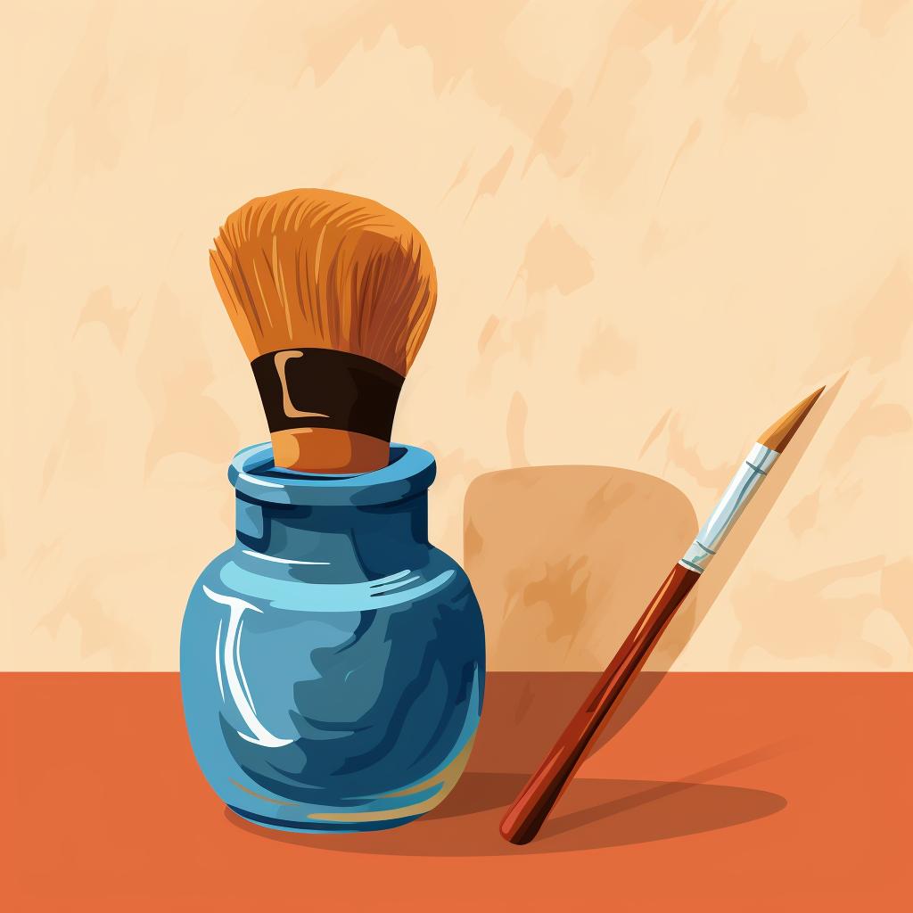 A stiff-bristled brush next to a pot of acrylic paint.