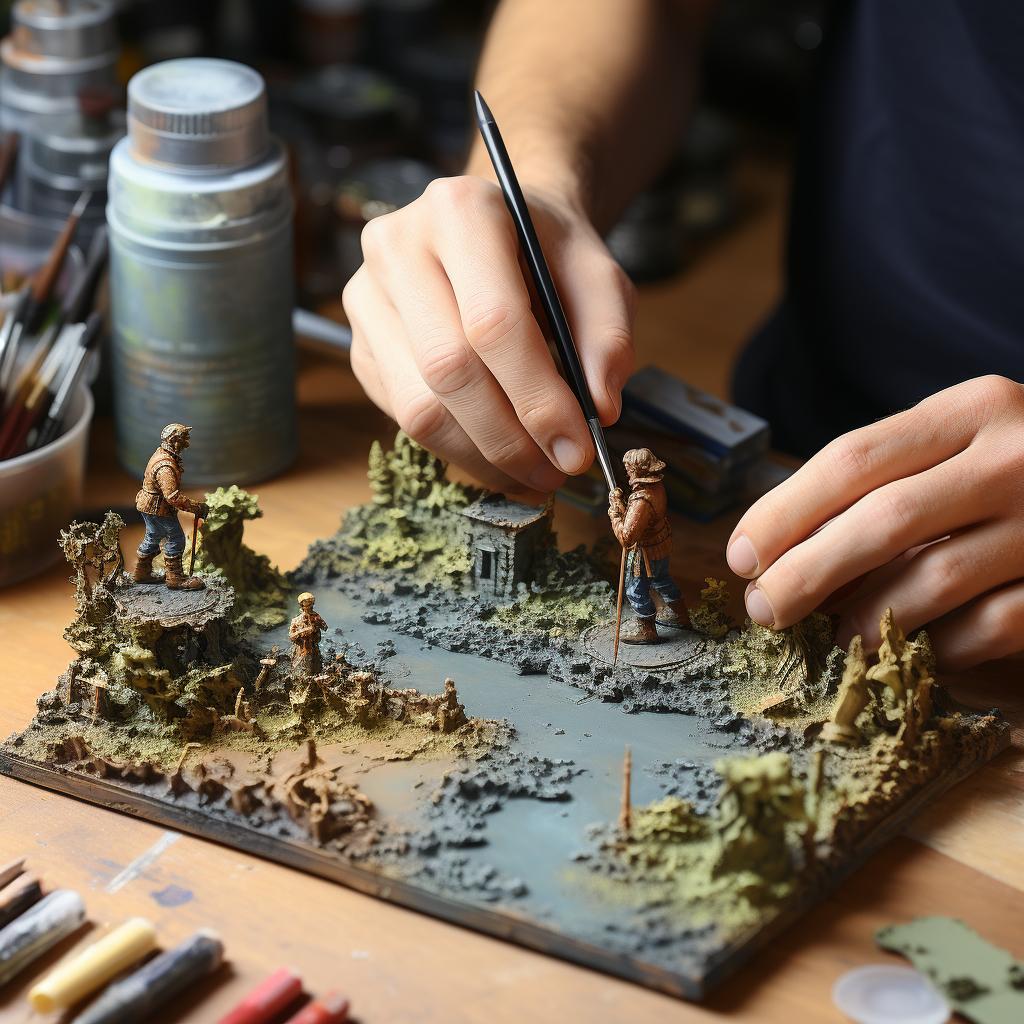 Top coat color being applied over the chipping medium on a miniature