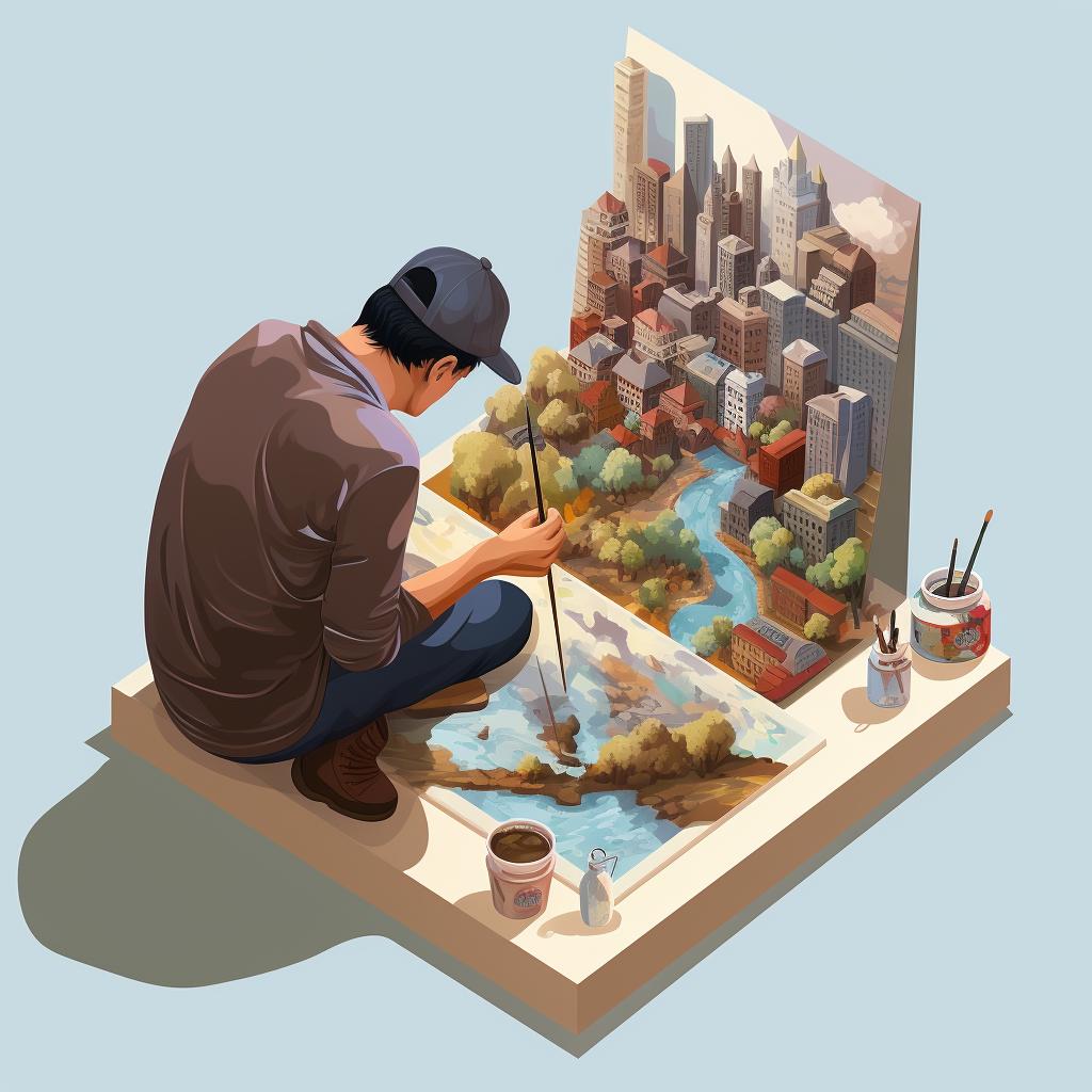 A painter working on the larger areas of a miniature painting
